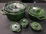 Pair of French Staub Enameled Iron Cocottes plus Three Mini's i